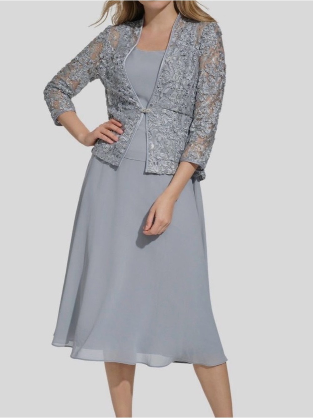 Jessica Howard Gray Lace 2-Piece Dress & Jacket Set – Size 10 NWT